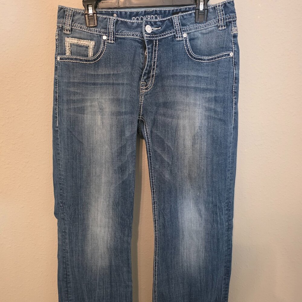 Rock&Roll Cowgirl distressed mid-rise women's denim jeans, size 33" x 34".